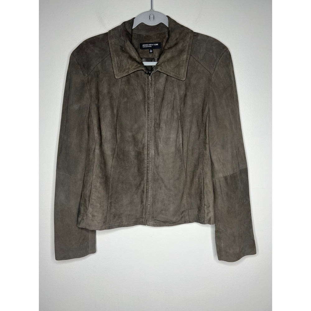 Jones New York 100% Suede Leather Jacket Olive Brown Grey Zip Front Women's XL